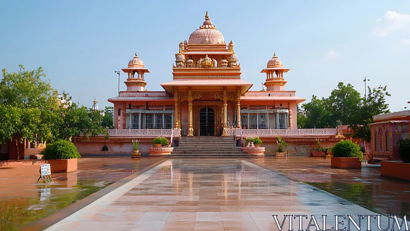 Pink Hindu temple with domes stands at end of wet courtyard