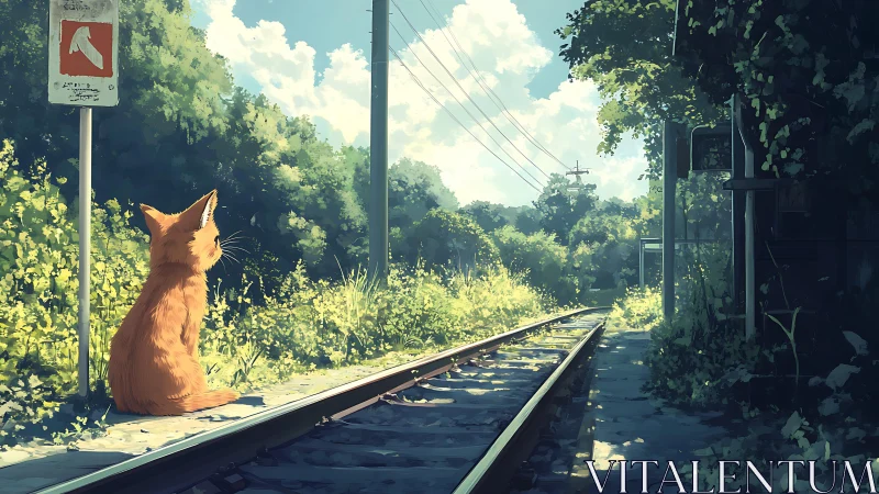 Solitary orange cat waits quietly beside sunlit train tracks.