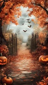 Haunted autumn pathway with jack o lantern gate guardians.