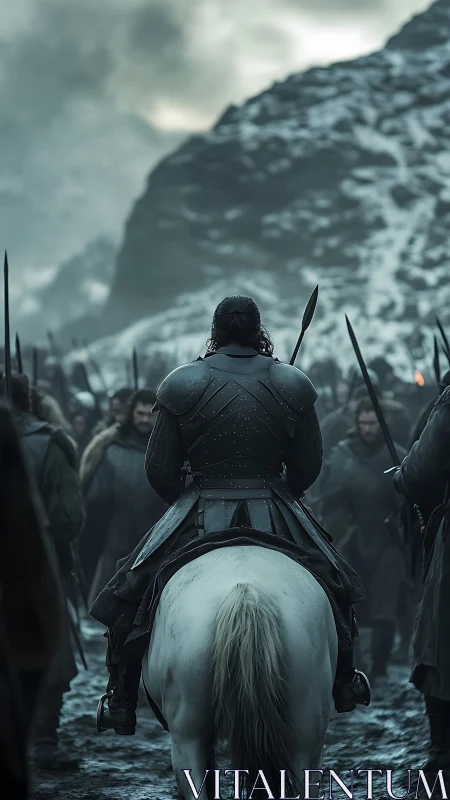 Lone warlord on white steed faces stormlit mountain battle.