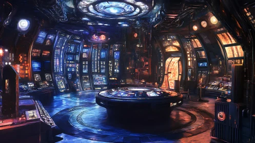 Glowing starship control room invites curious space travelers