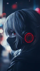 Hooded anime figure wearing red headphones in neon city