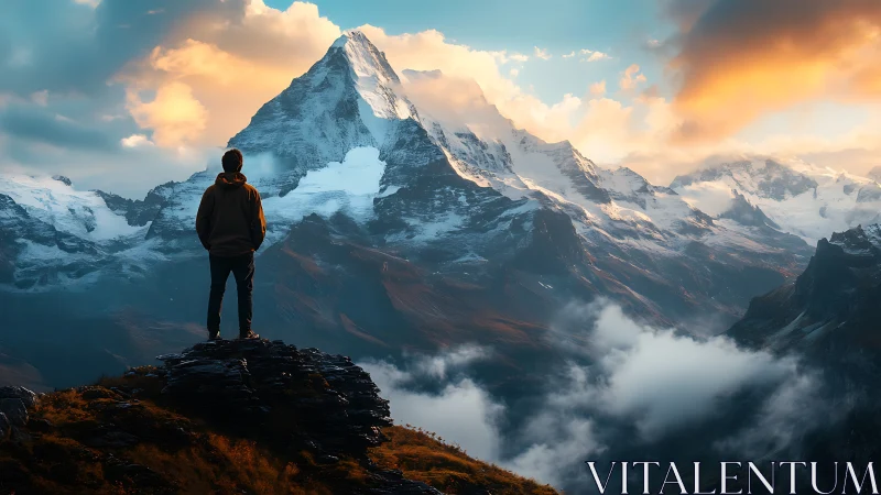 Solitary observer on alpine ridge facing glaciated peak at dusk.