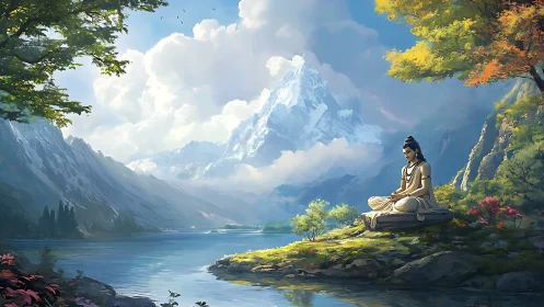 Meditative figure studies serene alpine lake under volumetric clouds