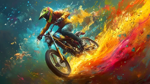 Motorcyclist carving neon fire trail in dynamic color motion.