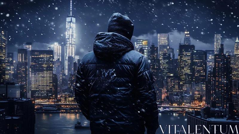 Lone hooded figure studies a snowy city skyline at night.