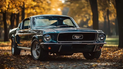 Classic Ford Mustang fastback parked on a leafy autumn road