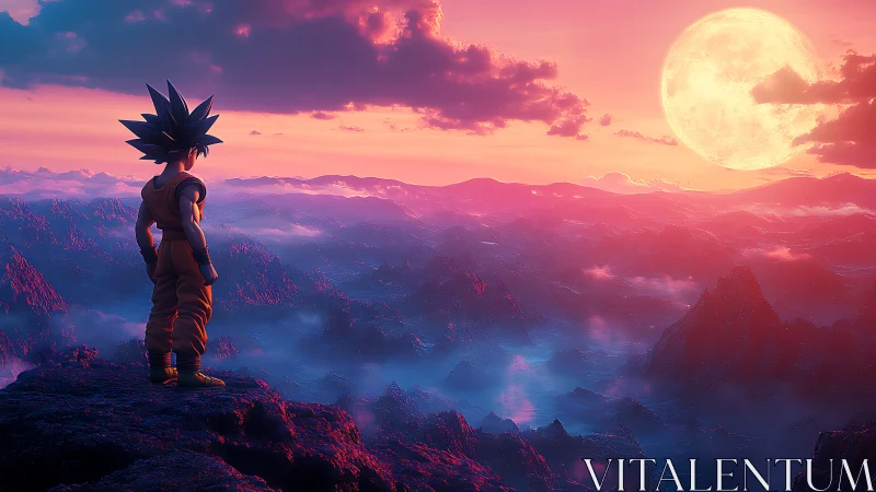 Spiky-haired warrior overlooks neon mist valley at sunset.