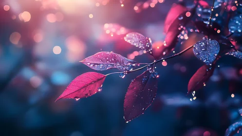 Dusky rose leaves sparkling with soft evening raindrops.