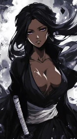 Dark-haired katana warrior in monochrome ink turbulence.