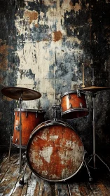 Vintage orange drum kit set against distressed studio wall.
