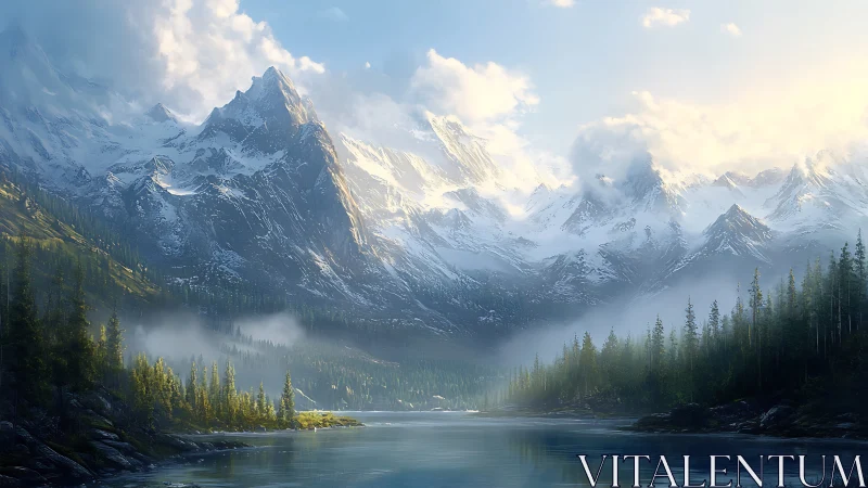 Snow-covered mountain range rises above calm forest lake