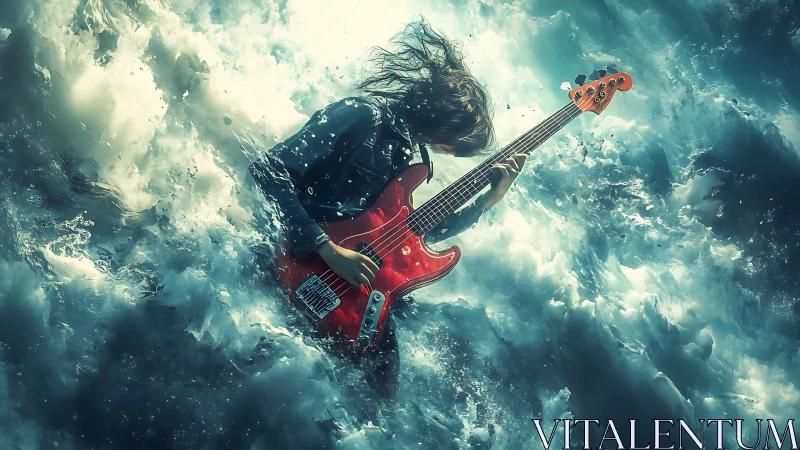 Digital painting of guitarist submerged in dynamic oceanic waves.