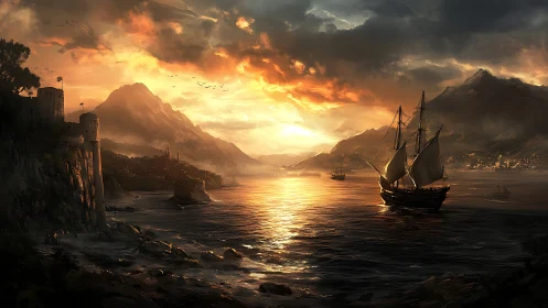 Sunset-illuminated medieval bay with multi-masted trading galleon.