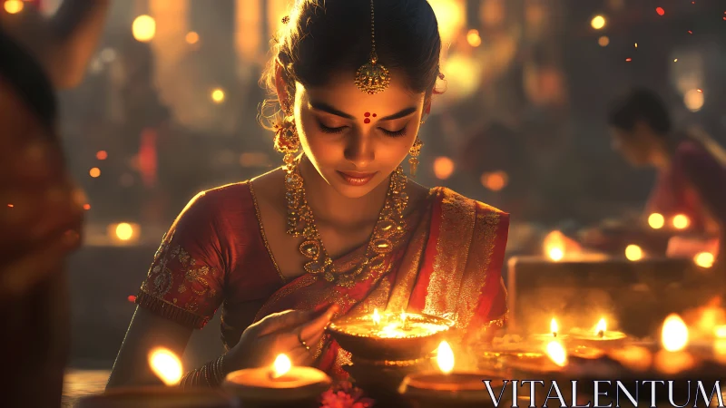 Young woman in traditional attire lighting lamps at Diwali festival.