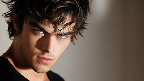 Intense hazel gaze framed by tousled dark waves in light.