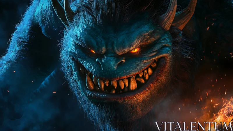 Demonic horned beast lunges forward in fiery blue backlight