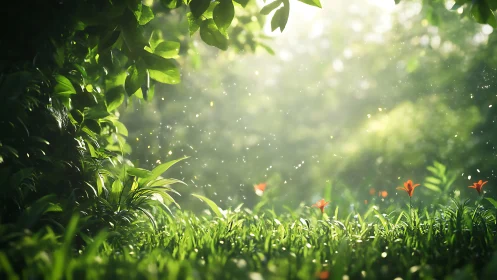 Backlit forest clearing with dew laden grass and red blooms