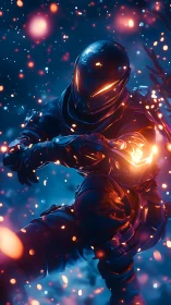 Armored futuristic figure in glowing particle field at night.