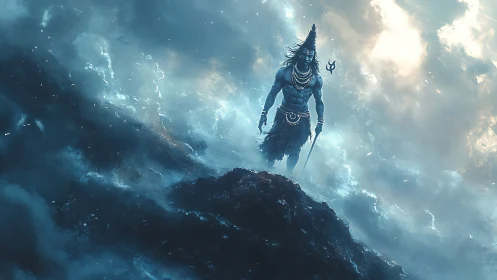 Stormlit blue deity standing over dark rocky summit.