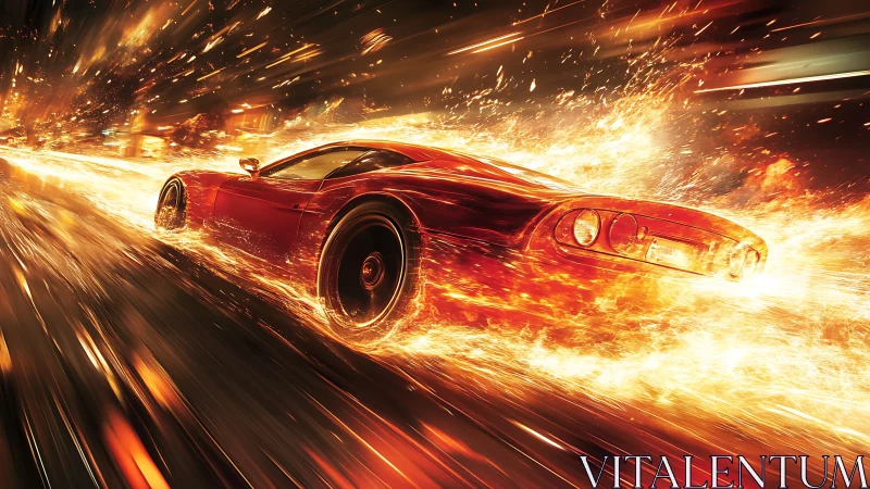 Blazing red sports car racing through a river of fire.