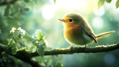 Cute Baby Bird on Mossy Branch in Dreamy Soft Focus Nature Scene.