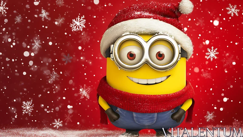 3D yellow mascot in Santa outfit on red snowy backdrop