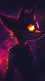 Galactic fox pilot with glowing visor in nebula light.