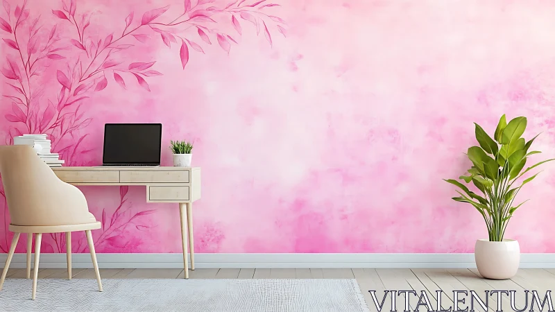 Soft pink home office blends modern workspace and calm décor.