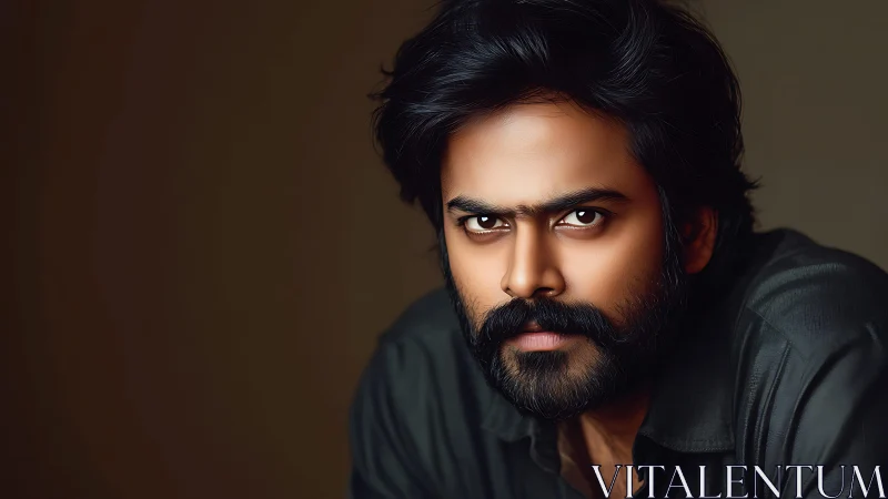 Intense bearded gaze in warm, softly lit portrait study.