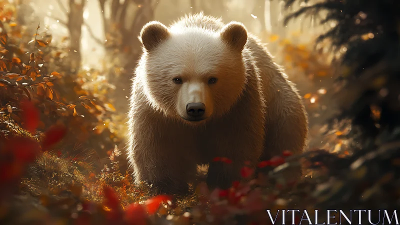 Young bear in sunlit autumn forest with glowing haze.