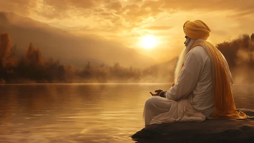 Elder meditates lakeside under golden sunrise haze.