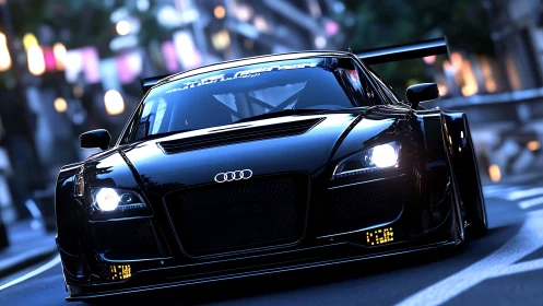 Blacked-out Audi race car prowls neon-lit city streets.