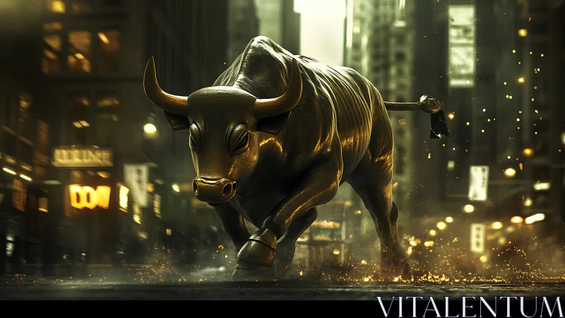 Metallic bull sculpture advances through city street