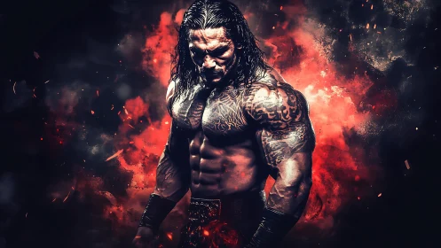 Muscular tattooed fighter in red smoke burst background.