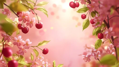 Luminous Spring Composition: Cherries and Blossoms Against Soft Pink Backdrop