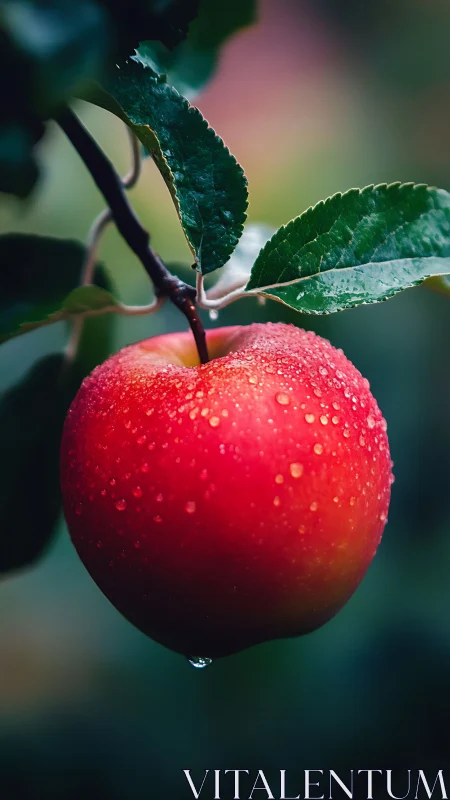 Ripe red apple with water droplets on tree branch outdoors.