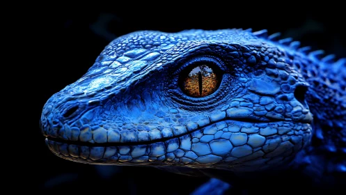 Electric blue reptile portrait glows against deep black