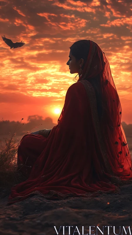 Silhouetted woman in red sari at ember-lit lakeside sunset.