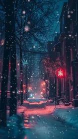 Snowlit city alley under neon winter glow at night.