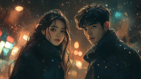 Cinematic winter street portrait of couple in falling snow