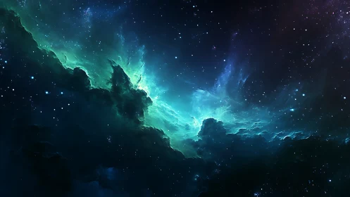 Nebula clouds erupt in luminous teal cosmic light.