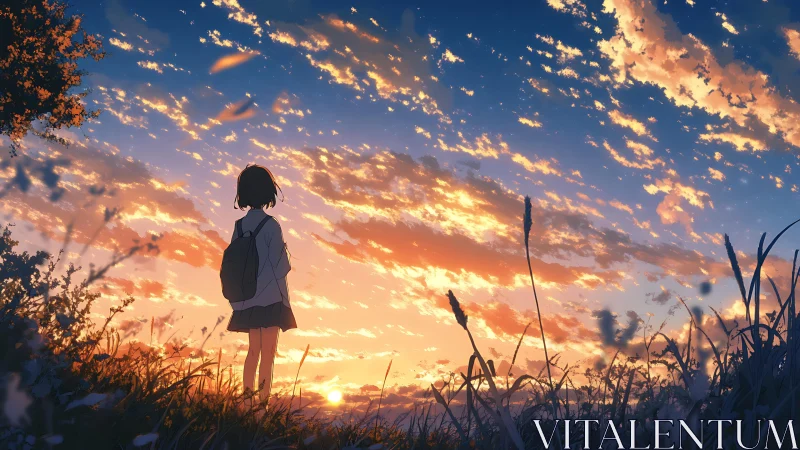 Solitary schoolgirl surveys luminous sunset cloudscape horizon