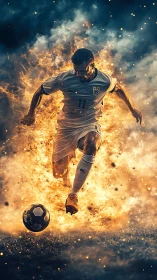 Soccer player sprints toward ball through explosive fire effects