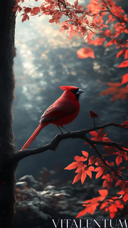Scarlet cardinal perches in soft bokeh autumn woodland glow