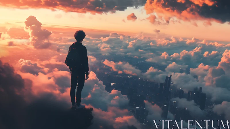 Person stands above cloud-covered city at vivid sunset.