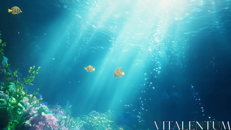 Gentle sunlit ocean scene lets playful reef fish drift softly