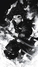 Monochrome anime swordsman charging through swirling smoke.