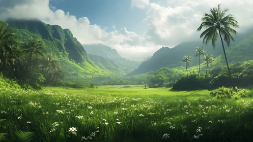 Tropical valley meadow under soft morning mountain light