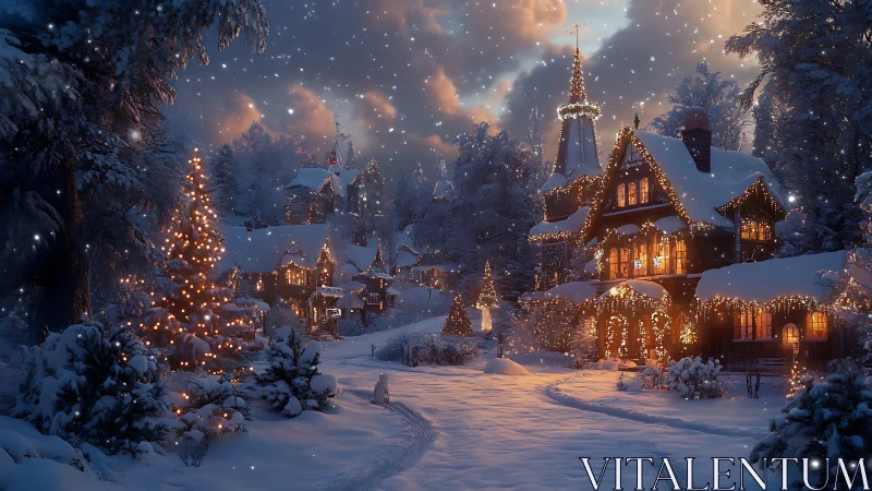 Snowlit Christmas village cottages glowing under twilight.